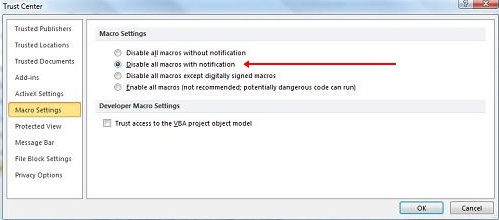 trust center macro settings dialog